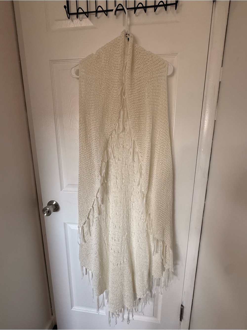 Cream Fringe Open-Knit Women's Sweater Shawl